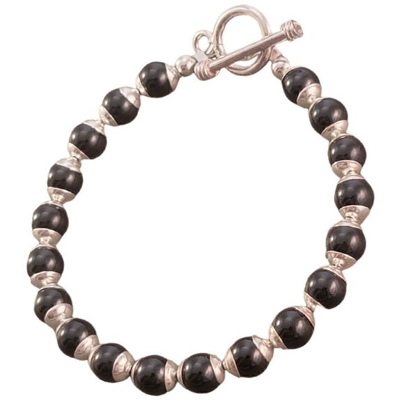 NEW Sterling Silver 6.6mm Onyx Beaded Ball Bracelet - Picture 1 of 6